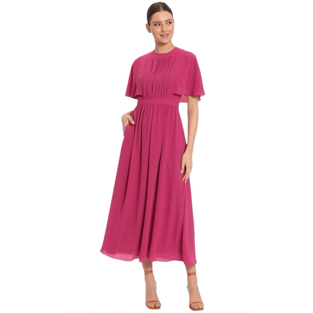Maggy London Pink Midi Dress Size 6 Flutter Sleeve Pleated Waist Chiffon